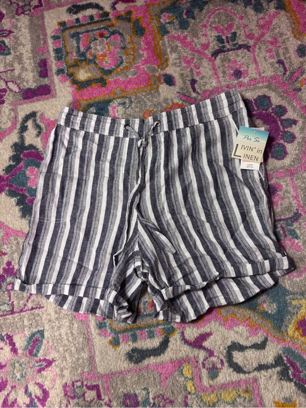 Per Se Living in Linen Shorts NWT Navy White Stripe Drawstring Linen Blend beach